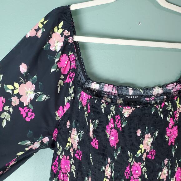 Torrid Womens Black Floral Print Challis Smocked Square Neck Midi Dress Size 2 - Picture 4 of 8